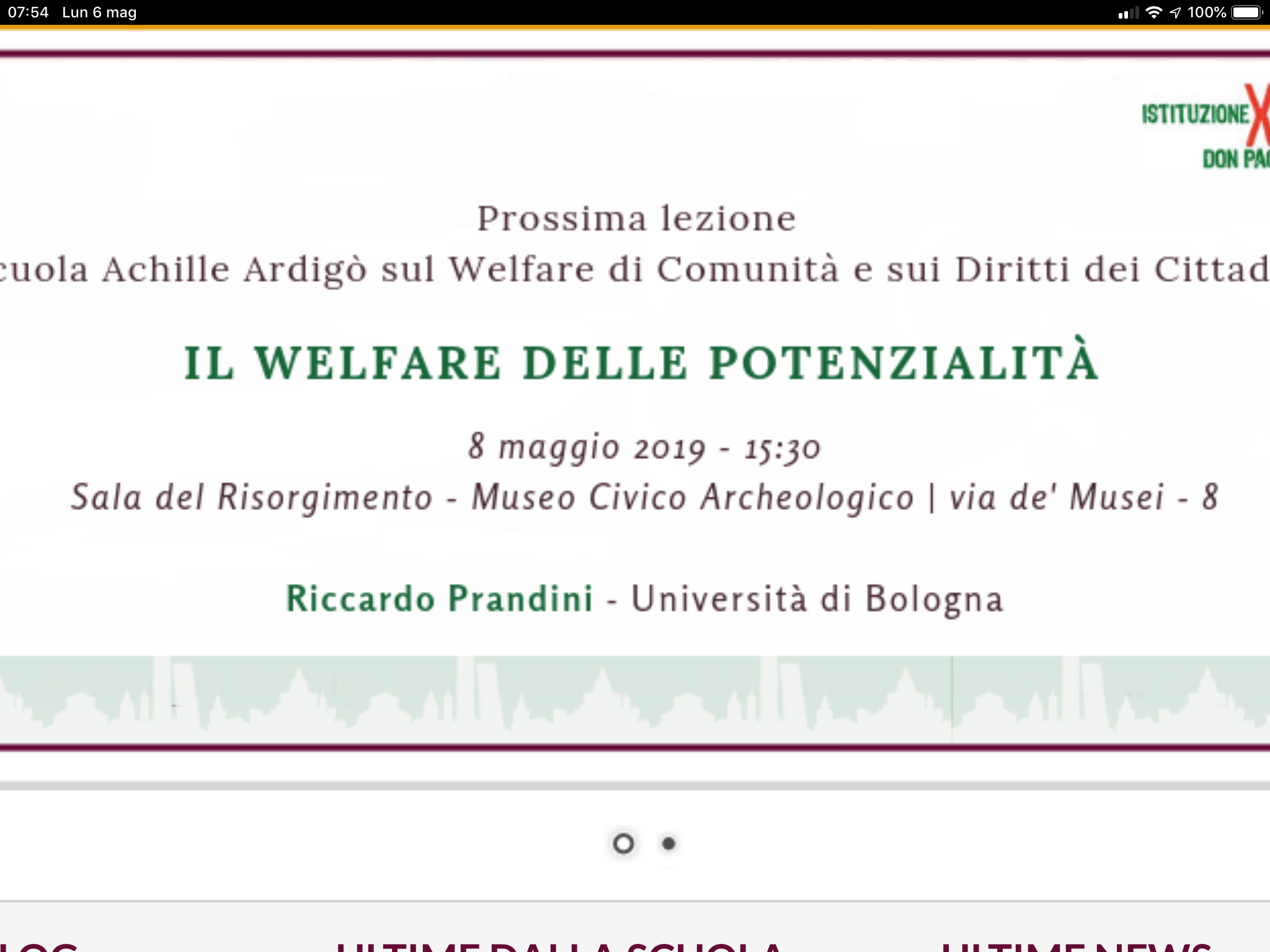 Scuola Ardigò del Comune di Bologna. Lezione Magistrale di Riccardo Prandini sul Welfare delle Potenzialità